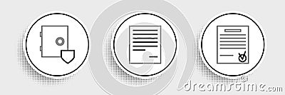 Set line Confirmed document and check mark, Safe with shield and Document icon. Vector Vector Illustration
