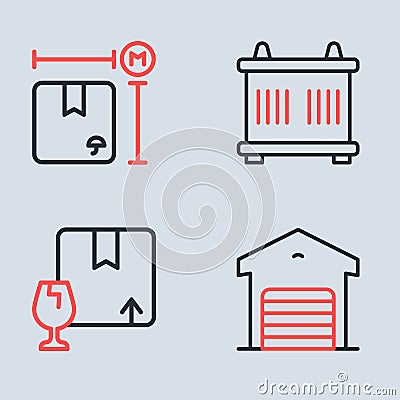 Set line Container, Package box with fragile content, Warehouse and Cardboard measurement icon. Vector Vector Illustration