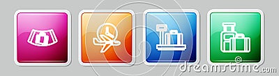Set line Conveyor belt with suitcase, Flight time, Scale and Suitcase. Colorful square button. Vector Vector Illustration