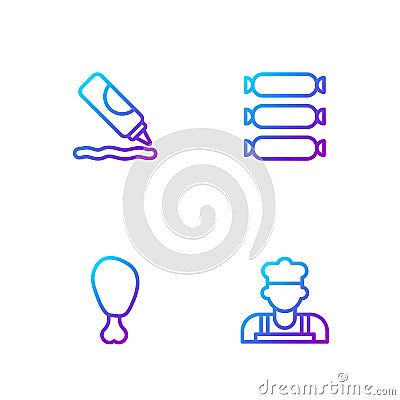 Set line Cook, Chicken leg, Ketchup bottle and Sausage. Gradient color icons. Vector Vector Illustration