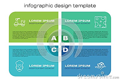 Set line Cook, Scooter, Village landscape and Cheese. Business infographic template. Vector Vector Illustration