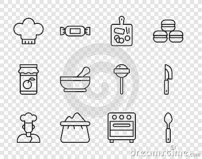 Set line Cook, Spoon, Cutting board, Bag of flour, Chef hat, Mortar and pestle, Oven and Knife icon. Vector Stock Photo