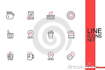 Set line Cookie or biscuit, Location with coffee cup, Cup tea bag, Espresso tonic, French, Coffee go, bean and Manual Stock Photo