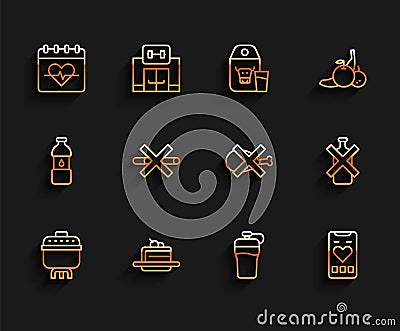 Set line Cooking pot, Cake, Heart rate, Fitness shaker, Mobile with heart, No Smoking, alcohol and meat icon. Vector Vector Illustration