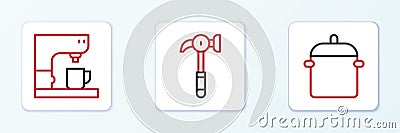 Set line Cooking pot, Coffee machine and Hammer icon. Vector Stock Photo