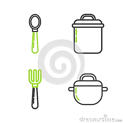 Set line Cooking pot, Fork, and Spoon icon. Vector Stock Photo