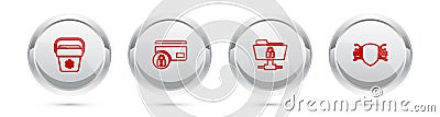 Set line Cooler bag, Credit card with lock, FTP folder and and Cyber security. Silver circle button. Vector Vector Illustration