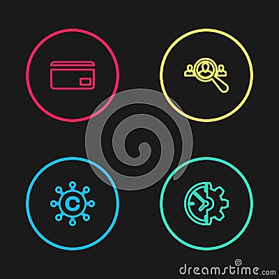 Set line Copywriting network, Clock and gear, Magnifying glass for search people and Credit card icon. Vector Vector Illustration