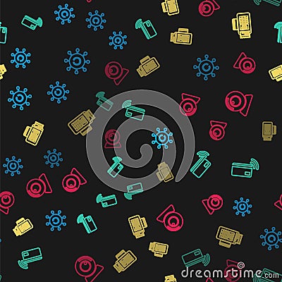 Set line Copywriting network, Contactless payment, POS terminal and Web camera on seamless pattern. Vector Vector Illustration