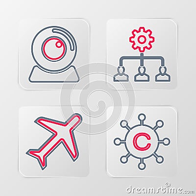 Set line Copywriting network, Plane, Lead management and Web camera icon. Vector Stock Photo