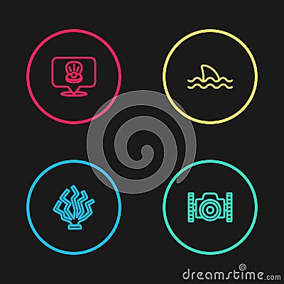 Set line Coral, Photo camera for diver, Shark and Scallop sea shell icon. Vector Vector Illustration