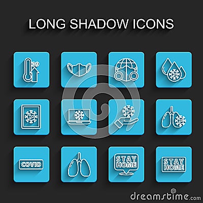 Set line Corona virus covid-19, Lungs, High human body temperature, Stay home, Virus statistics laptop, cells in lung Vector Illustration