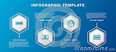 Set line Corona virus covid-19, Virus statistics laptop, Earth with medical mask and Bar of soap. Business infographic Vector Illustration