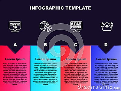 Set line Corona virus on location, Earth globe with, Stay home and Medical protective mask. Business infographic Stock Photo