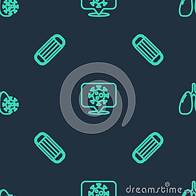 Set line Corona virus on location, Medical protective mask and Virus cells in lung on seamless pattern. Vector Vector Illustration