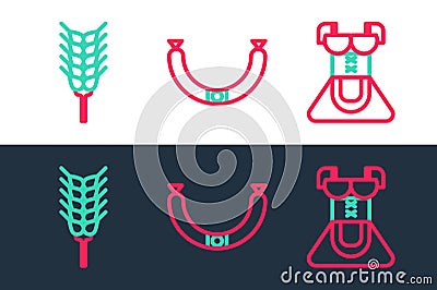 Set line Costume for women dirndl, Wheat and Sausage icon. Vector Stock Photo