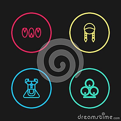 Set line Costume for women dirndl, Wooden barrels, Braid and Pistachio nuts icon. Vector Stock Photo
