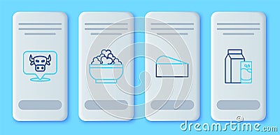 Set line Cottage cheese, Cheese, Cow head and Paper package for kefir icon. Vector Vector Illustration