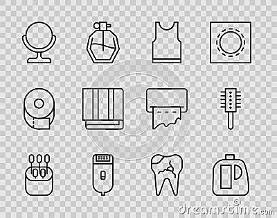 Set line Cotton swab for ears, Bottles cleaning agent, Sleeveless T-shirt, Electrical hair clipper shaver, Round makeup Vector Illustration