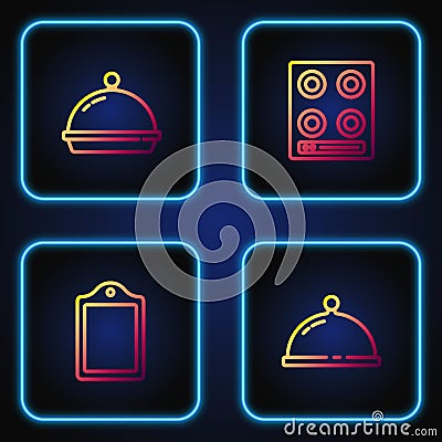 Set line Covered with tray of food, Cutting board, and Gas stove. Gradient color icons. Vector Vector Illustration