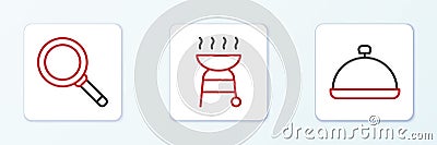 Set line Covered with tray of food, Frying pan and Barbecue grill icon. Vector Stock Photo