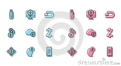 Set line CPU mining farm, Bitcoin think, USB flash drive, Phone mobile and cryptocurrency, Cryptocurrency cloud, Zcash Vector Illustration