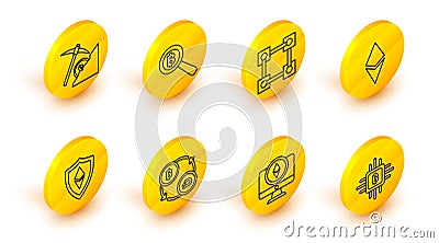 Set line CPU mining farm, Monitor and Cryptocurrency coin Ethereum ETH, exchange, Shield, Blockchain technology Vector Illustration