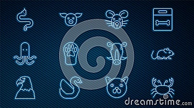 Set line Crab, Rat, head, Paw print, Octopus, Snake, Wild boar and Pig icon. Vector Vector Illustration