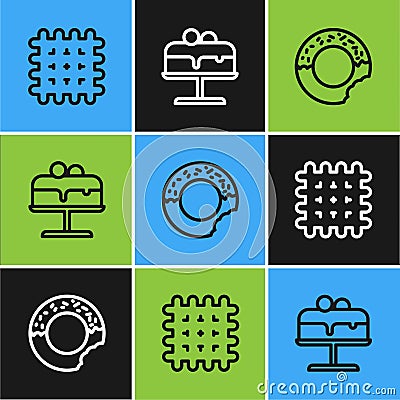 Set line Cracker biscuit, Donut and Cake plate icon. Vector Vector Illustration
