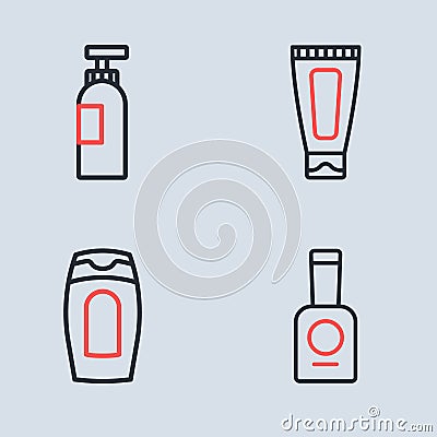 Set line Cream or lotion cosmetic tube, Bottle of shampoo, nail polish and icon. Vector Stock Photo