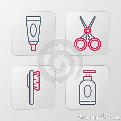 Set line Cream or lotion cosmetic tube, Hairbrush, Scissors hairdresser and icon. Vector Vector Illustration