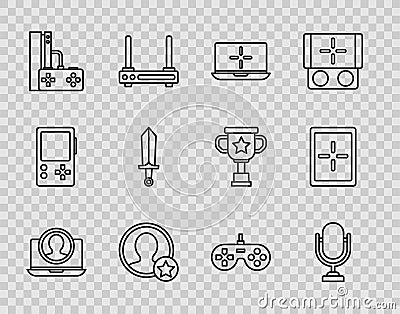 Set line Create account screen, Microphone, Laptop, Premium create, Game console with joystick, Sword for game, Gamepad Vector Illustration