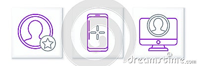 Set line Create account screen, Premium create and Smartphone and playing in game icon. Vector Stock Photo