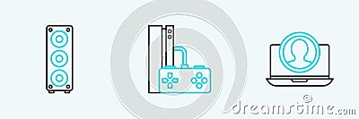 Set line Create account screen, Stereo speaker and Game console with joystick icon. Vector Stock Photo