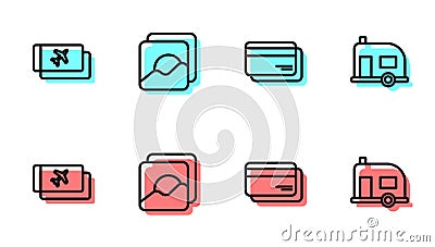 Set line Credit card, Airline ticket, Photo and Rv Camping trailer icon. Vector Vector Illustration