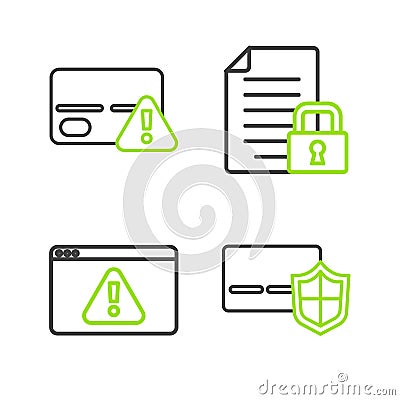 Set line Credit card with shield, Browser exclamation mark, Document and lock and icon. Vector Vector Illustration