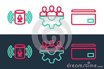 Set line Credit card, Voice assistant and Project team base icon. Vector Stock Photo