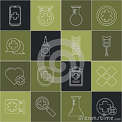 Set line Cross hospital medical, Crossed bandage plaster, Crutch or crutches, Test tube flask, Bottle nasal spray Stock Photo