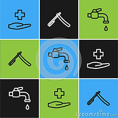 Set line Cross hospital medical, Water tap and Straight razor icon. Vector Vector Illustration