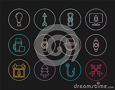 Set line Crossed arrows, Kayak or canoe, Climber rope, Smart watch showing heart beat rate, Thermos container and cup Vector Illustration