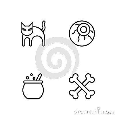 Set line Crossed bones, Halloween witch cauldron, Black cat and Eye icon. Vector Vector Illustration