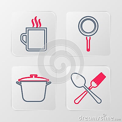 Set line Crossed fork and spoon, Cooking pot, Frying pan and Coffee cup icon. Vector Stock Photo