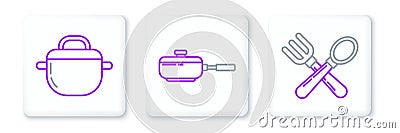 Set line Crossed fork and spoon, Cooking pot and Frying pan icon. Vector Vector Illustration