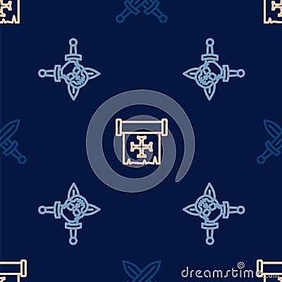 Set line Crossed medieval sword, Skull with and Crusade on seamless pattern. Vector Vector Illustration