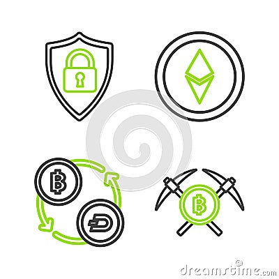 Set line Crossed pickaxe, Cryptocurrency exchange, coin Ethereum ETH and Shield security with lock icon. Vector Editorial Stock Photo