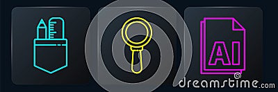 Set line Crossed ruler and pencil, AI file document and Magnifying glass. Black square button. Vector Vector Illustration