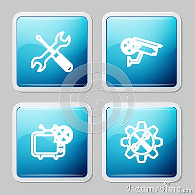 Set line Crossed screwdriver and wrench, Security camera service, Tv and Wrench in gear icon. Vector Stock Photo