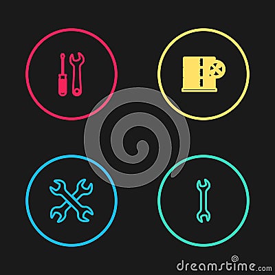 Set line Crossed wrenchs, Wrench, Database server service and Screwdriver and icon. Vector Vector Illustration