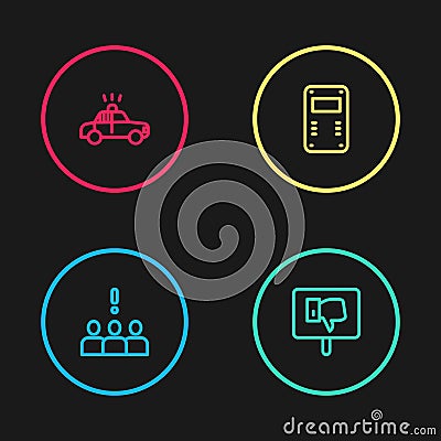 Set line Crowd protest, Protest, Police assault shield and car and flasher icon. Vector Stock Photo