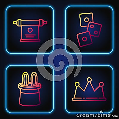 Set line Crown, Magician hat and rabbit ears, Magic scroll and Game dice. Gradient color icons. Vector Vector Illustration